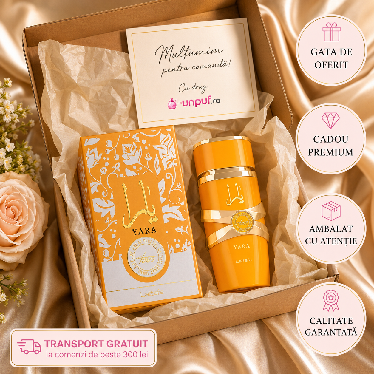 Ce primești &icirc;n colet Lattafa Yara Tous EDP 100 ml, parfum arabesc de damă ambalat cu atenție și gata de oferit cadou
